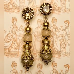 Victorian Champagne Apricot Crystal & Glass In Filligree Gold Plated Earrings